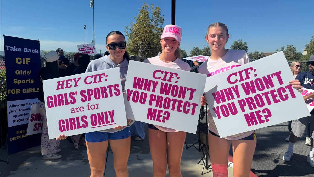 California girls' track and field athletes protest trans inclusion in girls' sports at a postseason meet at Yorba Linda High School on Saturday, May 10, 2025
